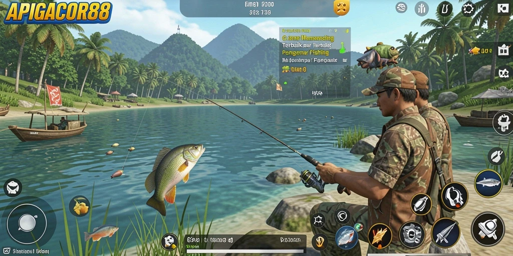 Screenshot permainan APIGACOR88 menampilkan pemain sedang menangkap ikan di lokasi memancing yang indah.
