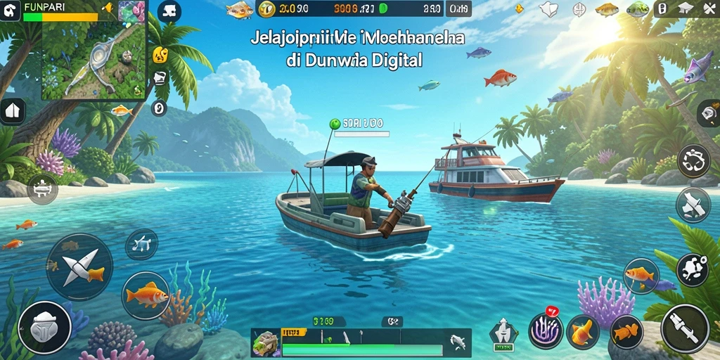 Screenshot gameplay <strong>FUNPARI</strong> menampilkan aksi memancing seru di lingkungan yang indah.