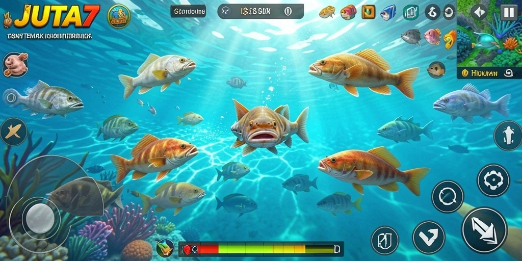 Tampilan screenshot gameplay seru di JUTA7 dengan ikan yang berwarna-warni.