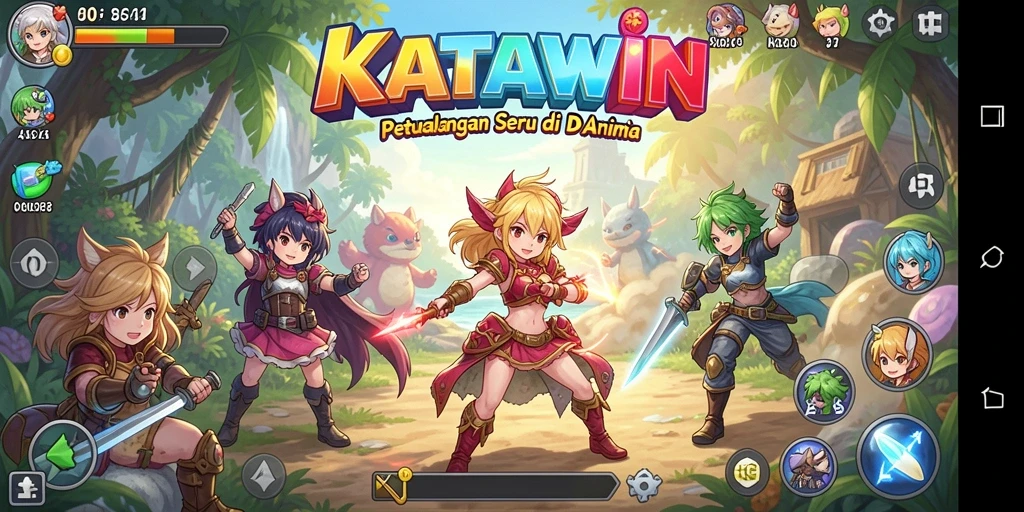 Screenshot utama KATAWIN menampilkan aksi karakter di dunia anime yang dinamis.