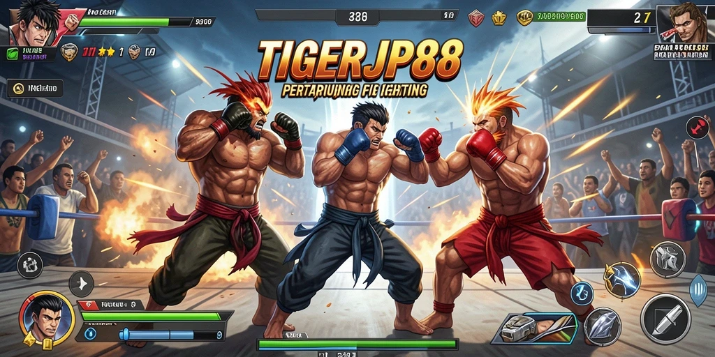 Screenshot utama TIGERJP88 menampilkan aksi pertarungan seru.