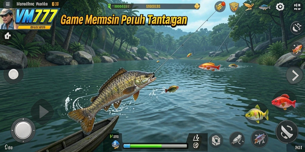 Screenshot utama menampilkan gameplay memancing yang seru dan menegangkan.